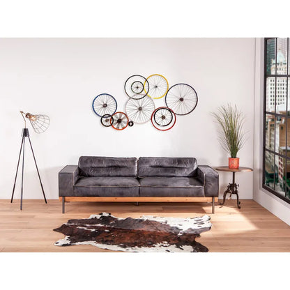 Distressed Antique Black Ebony-Colored Leather Sofa