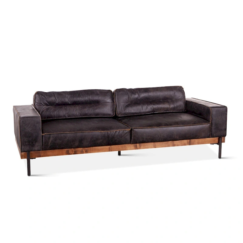 Distressed Antique Black Ebony-Colored Leather Sofa