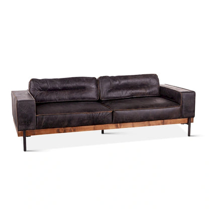 Distressed Antique Black Ebony-Colored Leather Sofa