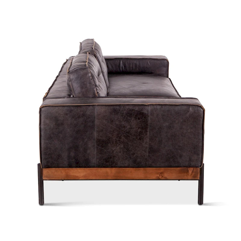 Distressed Antique Black Ebony-Colored Leather Sofa