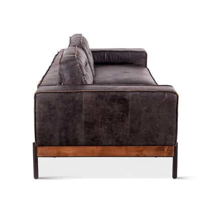 Distressed Antique Black Ebony-Colored Leather Sofa