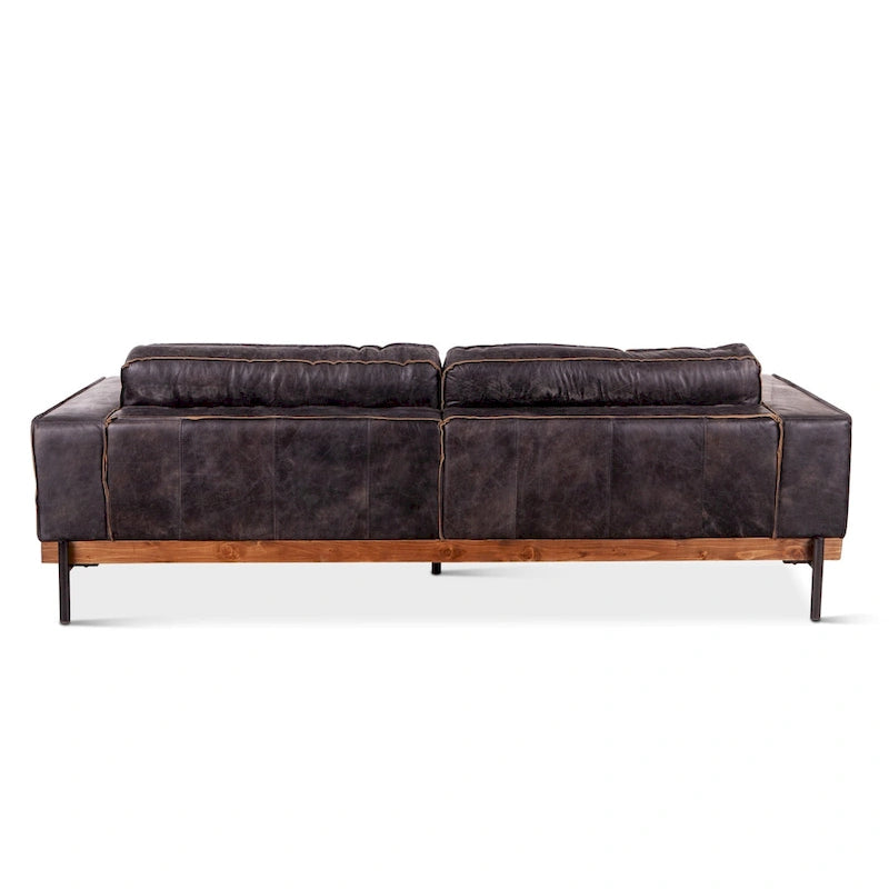 Distressed Antique Black Ebony-Colored Leather Sofa