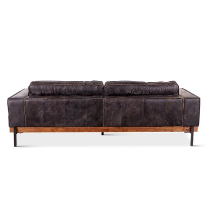Distressed Antique Black Ebony-Colored Leather Sofa