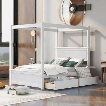Full Size Wood Canopy Platform bed With Two Drawers