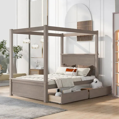 Full Size Wood Canopy Platform bed With Two Drawers