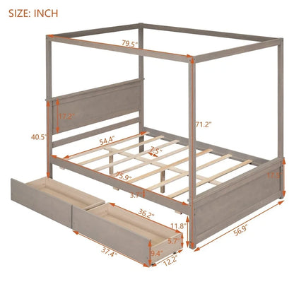 Full Size Wood Canopy Platform bed With Two Drawers
