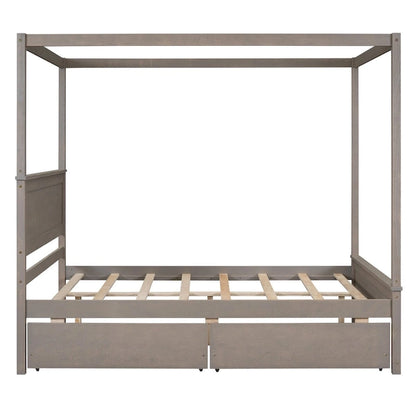 Full Size Wood Canopy Platform bed With Two Drawers