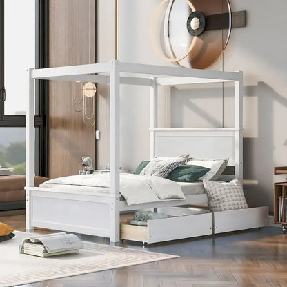 Full Size Wood Canopy Platform bed With Two Drawers
