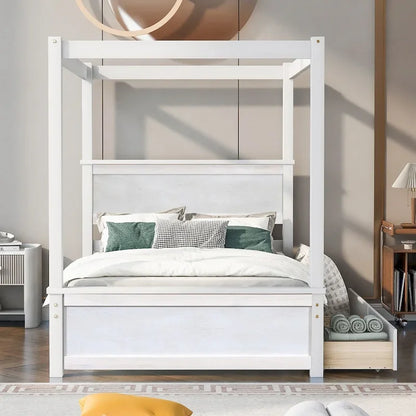 Full Size Wood Canopy Platform bed With Two Drawers