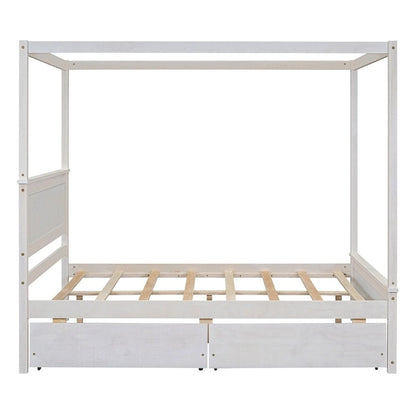 Full Size Wood Canopy Platform bed With Two Drawers