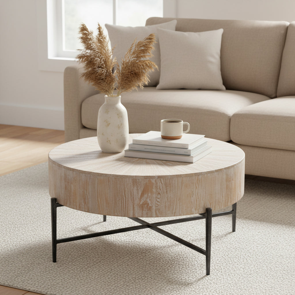 Akemi 38.5 in. W Round Wood and Iron Coffee Table