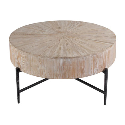 38.5-Inch Wide Round Wood and Iron Coffee Table