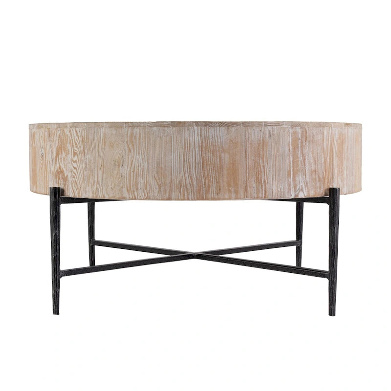 38.5-Inch Wide Round Wood and Iron Coffee Table