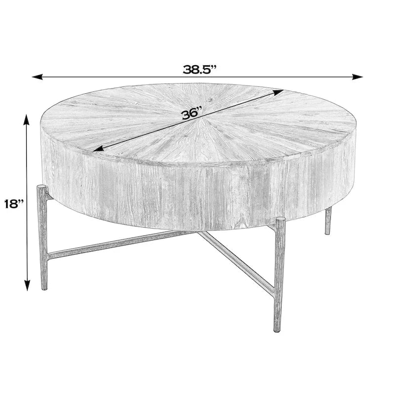 38.5-Inch Wide Round Wood and Iron Coffee Table