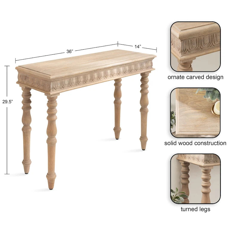 Carved Wood Entryway Table — 36x14x30
