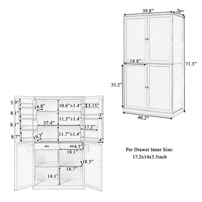 40.2x20x71.3inch High Freestanding Kitchen Pantry Cupboard Storage Cabinet with 2 Drawers, 2 Adjustable Shelves, 8 Door Shelves